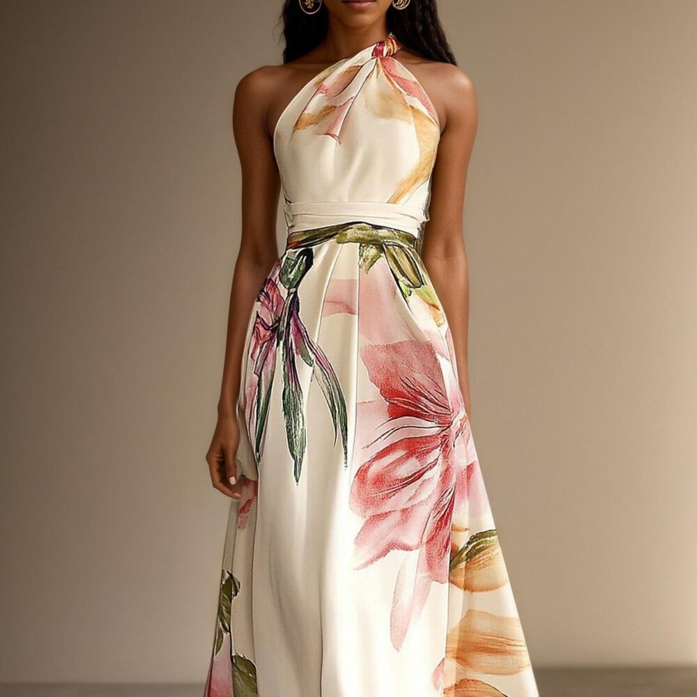 Fehaute Pink Floral One-Shoulder sleeveless  A-line Maxi dress
